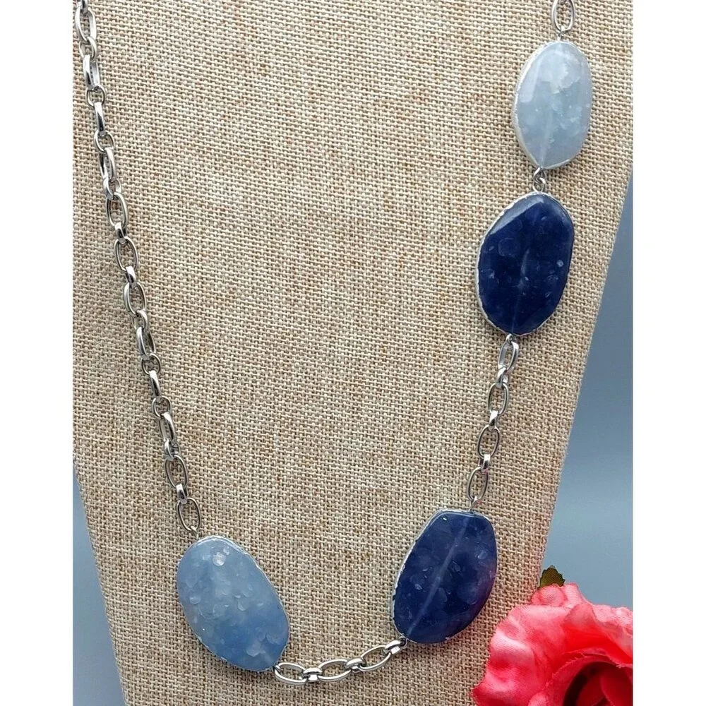 Chico's Silver Tone Long Chain Necklace with Blue Faux Stone Stations 42